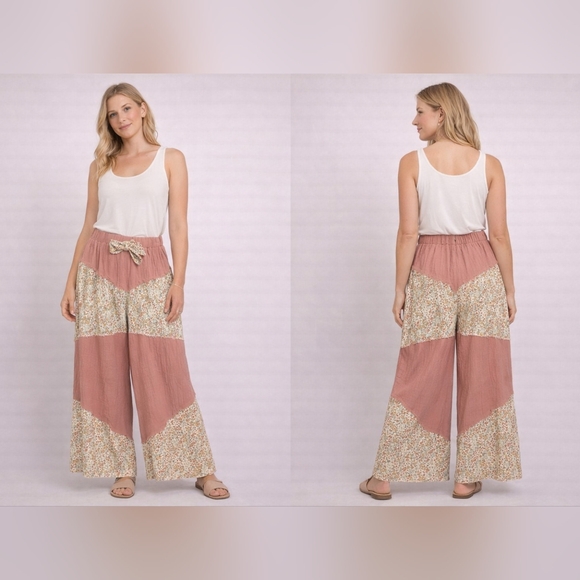 Floral Patchwork Wide Leg Pants – Drawstring Waist – NWOT 30-36" Waist - Cotton - Picture 7 of 8